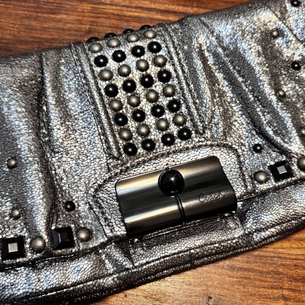COACH Kristin Studded Clutch Black Silver Leather NWOT Punk Rock Chic - Picture 4 of 13